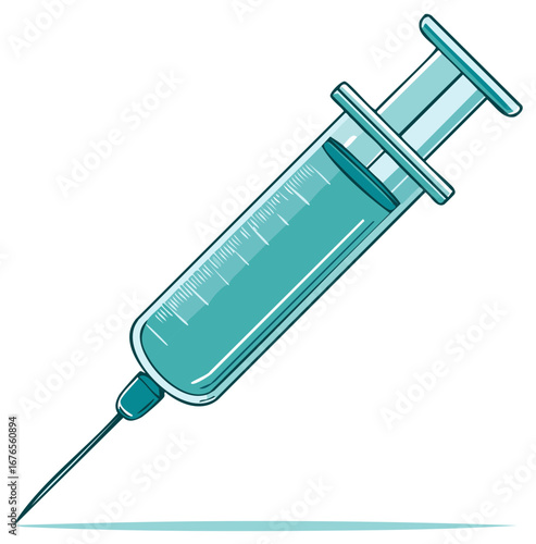 Syringe with aqua colored liquid and needle for health, medical treatment, and vaccination