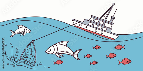 Oceanic Adventure with Fishing Boats and Aquatic Life Under the Waves