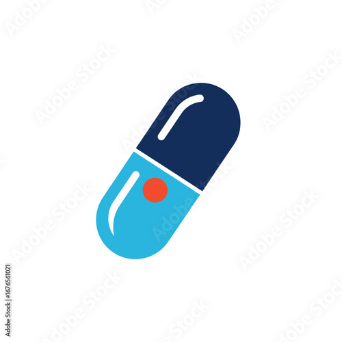 Simple graphic illustration of a medicine capsule, showing a split pill with a red dot.