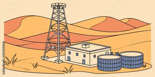 Oil drilling rig and storage tanks in a desert landscape with dunes and sparse vegetation