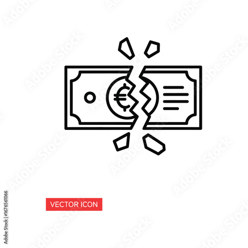 Economic Crisis: A stark illustration depicts a euro banknote violently ripped apart, symbolizing financial distress, instability, and economic downturn with clean lines and symbolic representation.
