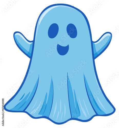 Cute blue cartoon ghost character smiling and waving happily