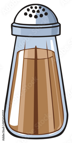Illustrated salt shaker with pepper inside, metallic top and glass body