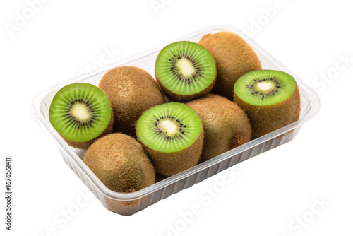 Sliced kiwi fruits displaying green flesh and black seeds in clear plastic tray container, isolated on a transparent background