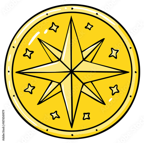 Golden compass rose coin with sparkling stars for navigation and discovery