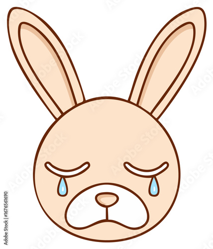 Cartoon bunny face with tears, a cute illustration of sadness, grief, and heartbreak.