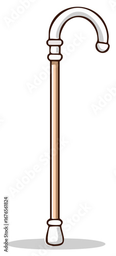 Cartoon illustration of a walking stick, walking cane, mobility aid.