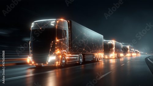 A fleet of sleek, futuristic, autonomous electric trucks driving in a tight convoy on a highway at night.