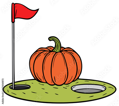 Pumpkin on a Miniature Golf Green with Flag
