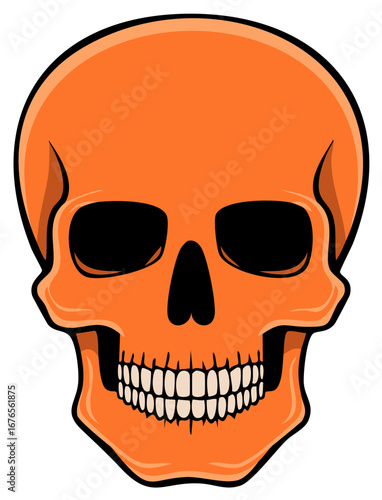 Stylized orange skull vector illustration; cartoon human skeleton cranium with teeth, black eye sockets and nasal cavity, and shadow lines