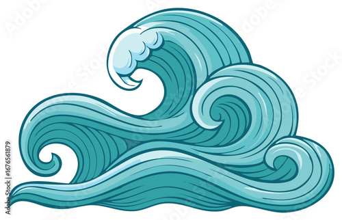 Vibrant blue illustration of a large breaking ocean wave with swirling water and white foam