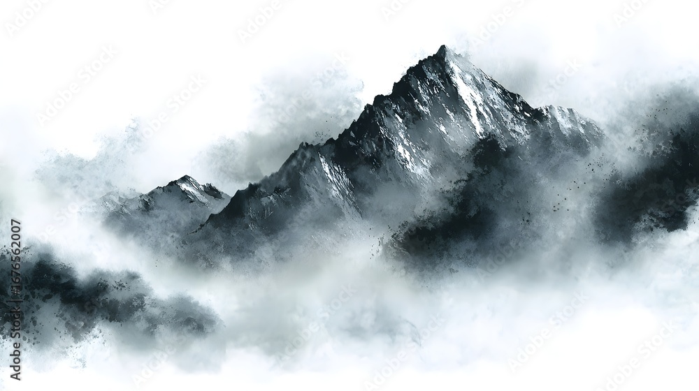 Obraz premium A majestic mountain range, shrouded in misty clouds, showcasing a tranquil and serene landscape.