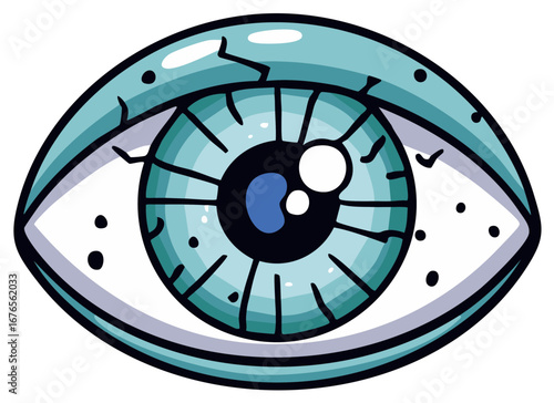 Stylized illustration of a single eye with a turquoise iris and cracked eyelid.