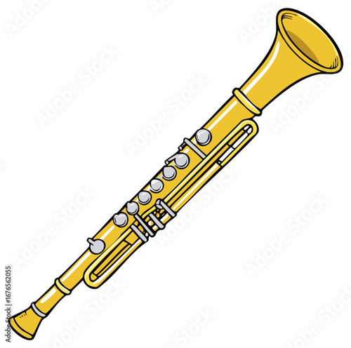 Golden yellow clarinet woodwind musical instrument cartoon vector illustration