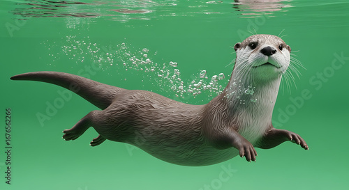 A sleek brown otter gracefully swims underwater, leaving a trail of bubbles in the clear green water.