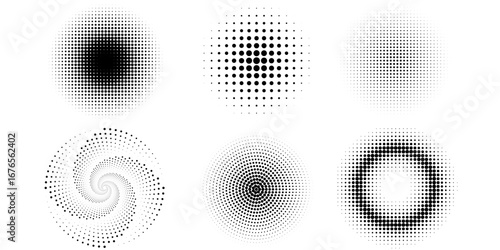 Set of halftone dots pattern texture isolated on white background. Dotted spots using halftone circle dot raster texture collection. Vector half tone collection.