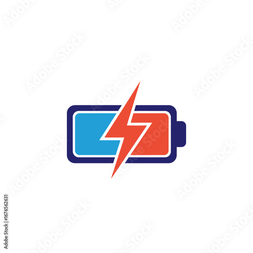 Battery charging icon with lightning bolt, blue and red colors.