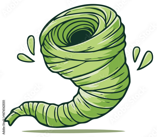 Cartoon Green Twisting Tornado with Swirling Water Droplets and Shadow