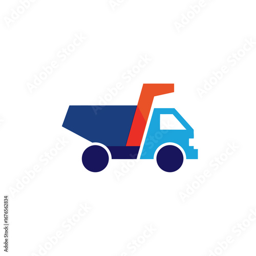 Illustration of a blue and orange dump truck on a white background.