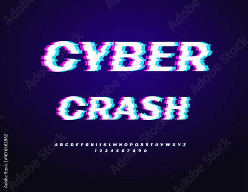 Vector Techno logo Cyber Crash. Bright Digital Font. Glitched Pixels Alphabet Letters and Numbers set.
