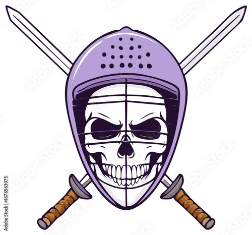 Skull in helmet with crossed swords, vector illustration. Graphic skull with swords.