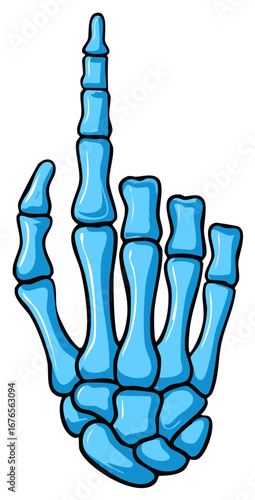 Cartoon Hand Skeleton with Index Finger Pointing Upwards, Anatomy of Bones, Halloween