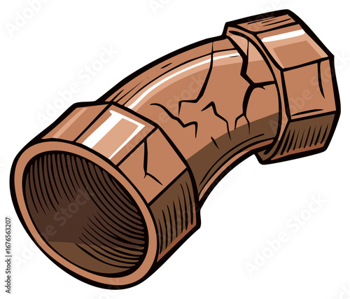 Cartoon illustration of a copper pipe fitting with cracks