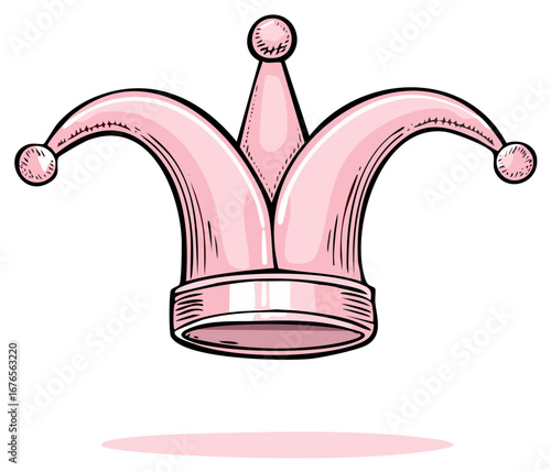 Whimsical Light Pink Jester Hat Illustration with Pointed Tips and Decorative Bells