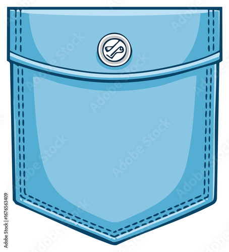 Blue denim fabric pocket with flap and button accent stitch detail trendy garment
