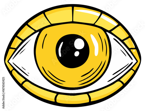 Yellow stylized human eye, cartoon style illustration with a black pupil, vision and sight concept