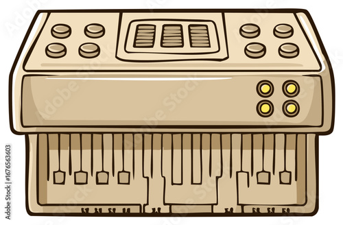 Vintage Synth Cartoon Illustration Keys Buttons Sliders Knobs Audio Digital Music Studio Recording Console