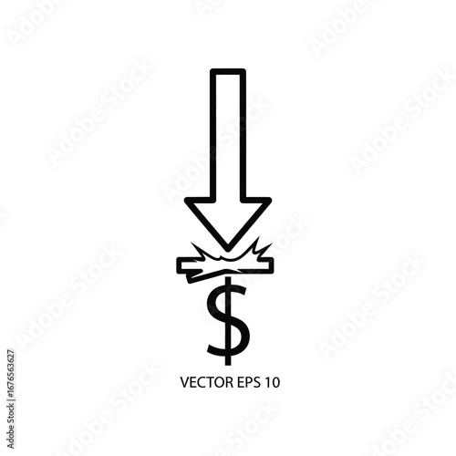 Dollar Symbol Impact: Depicting the economic concept of value decline. A stark black arrow plunges downwards, fracturing a graphic dollar sign, signaling economic downturn.