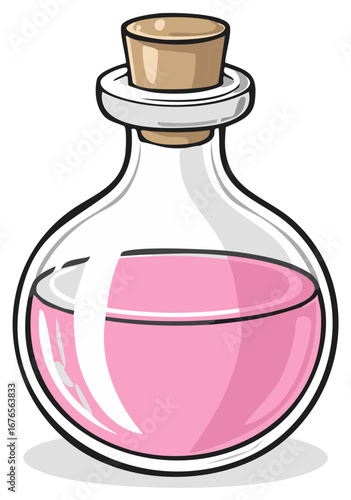 Illustration of a clear glass bottle with a cork stopper filled with pink liquid
