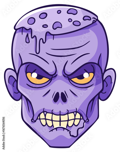 Frightening purple zombie with glowing eyes and dripping forehead in a cartoon style