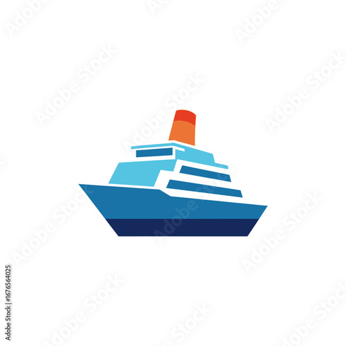 Illustration of a cruise ship with blue hull and orange chimney on a white background.