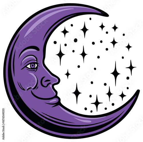 Purple Moon Man with Stars Illustration Cartoon Graphic Element Celestial Artwork Icon