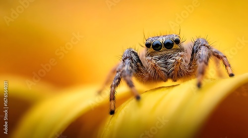 Wallpaper Mural A close-up of a jumping spider, showcasing its intricate details against a backdrop of vibrant yellow flower petals. Torontodigital.ca