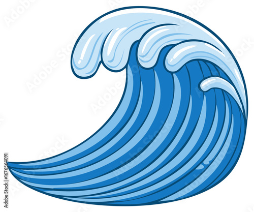 Dynamic Blue Ocean Wave with Foamy Crest Crashing in Cartoon Style