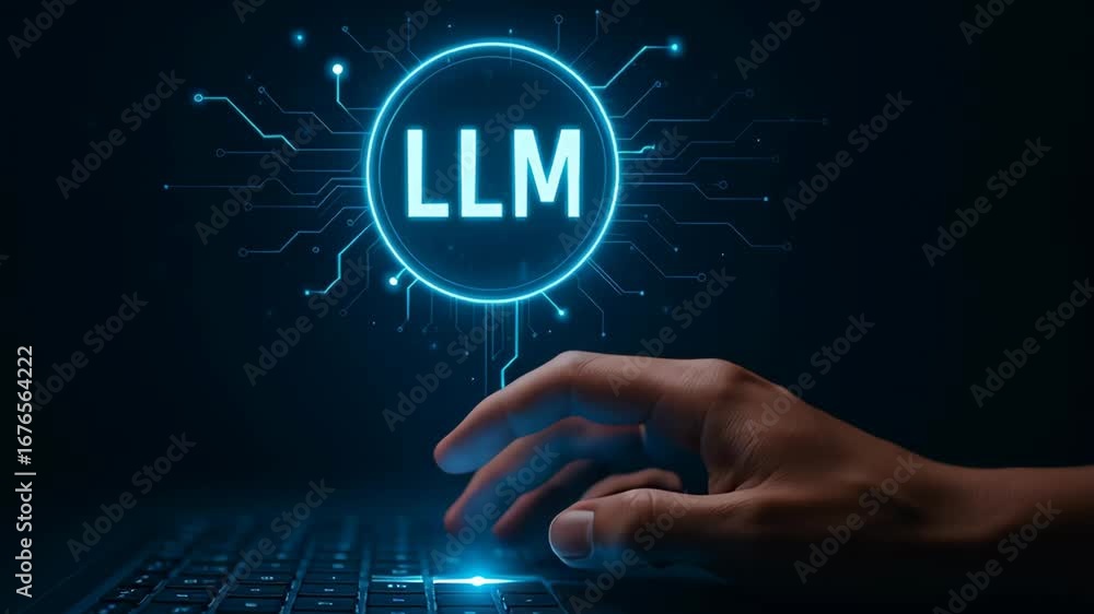 LLM, AI large language model. Close up hand typing keyboard with keycap ...