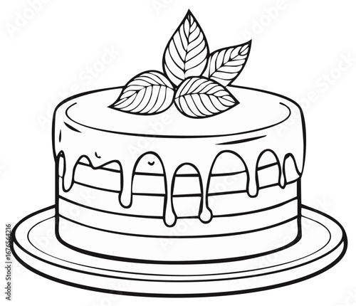 Black and white layered cake with drippy icing and decorative leaves on a plate