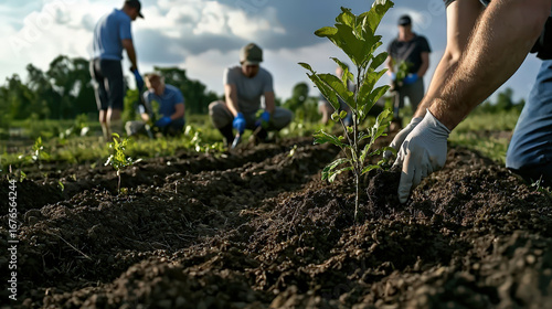 Group of people planting young trees in field, wearing gloves and working together under cloudy sky