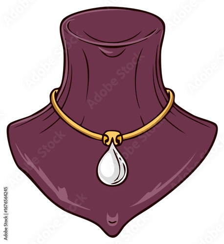 Golden necklace with white teardrop pendant displayed on a dark purple mannequin bust illustration
