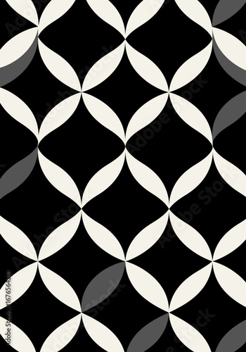 Black and White Interlocking Petal Pattern Geometric Design Seamless Texture.