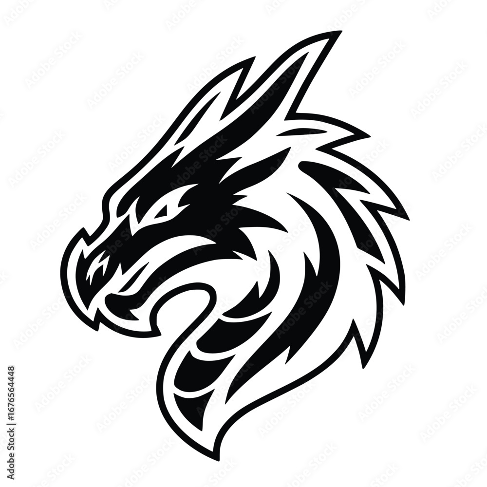 Fototapeta premium black tribal dragon head illustration in bold tattoo style