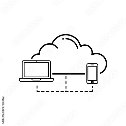 Cloud Technology: A modern black and white illustration of cloud computing, featuring a sleek laptop and a smartphone connected, symbolizes digital transformation and technological advancements.