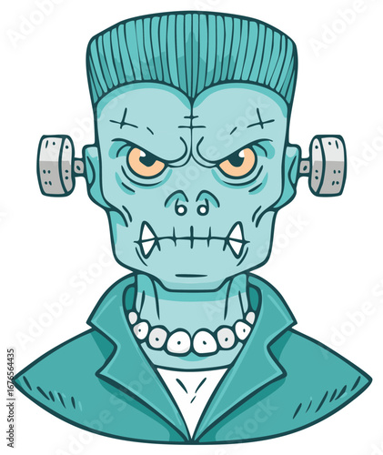 Spooky Cartoon Frankenstein Monster Portrait with Bolts