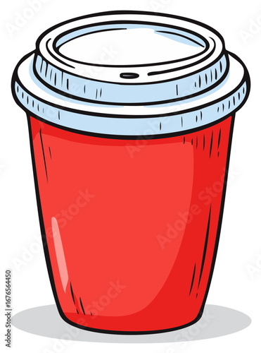 Hand-drawn illustration of a red disposable coffee cup with a light blue lid and white rim.