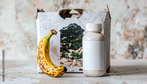 Natural health product concept featuring a ripe banana, a white mockup bottle, and sustainable, eco-friendly packaging