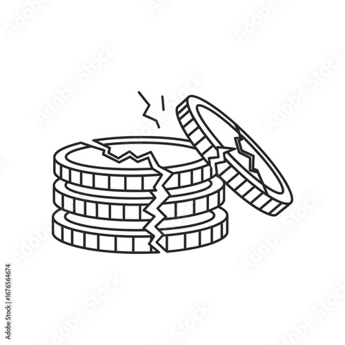 Broken Coin Stack: A stark illustration of financial instability, featuring a stack of coins shattered by a fracture, highlighting the fragility of wealth.