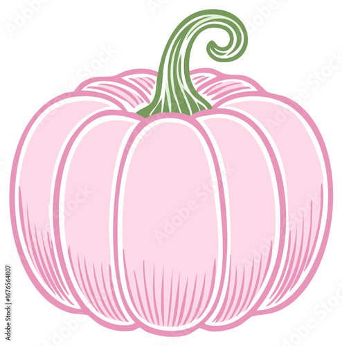 Pink pumpkin illustration with green stem and white outlines, simple flat design